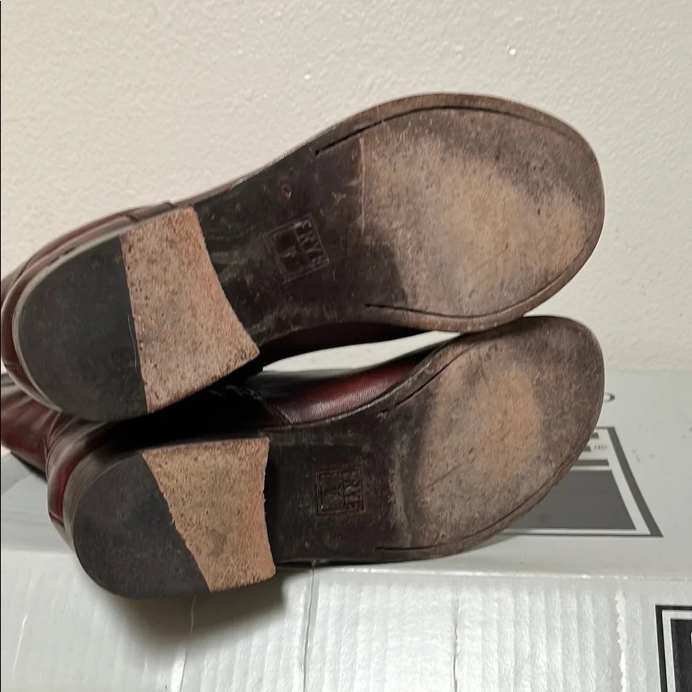 FRYE MELISSA BUTTON INSIDE ZIP COGNAC DISTRESSED LEATHER RIDING BOOT - Picture 7 of 10